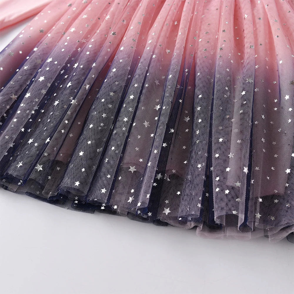 VIKITA Girls Autumn Spring Flare Sleeve Dress Kids Licorne Print Gradient Dresses Kids Birthday Party Princess Pink Mesh Dresses