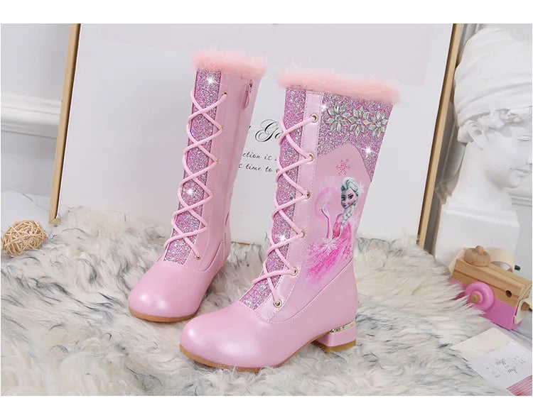 Disney Girls' Leather Boots Winter Cartoon Frozen Boots Side Zipper High Plush Princess Elsa Boots Warm Children's Boots Size 27