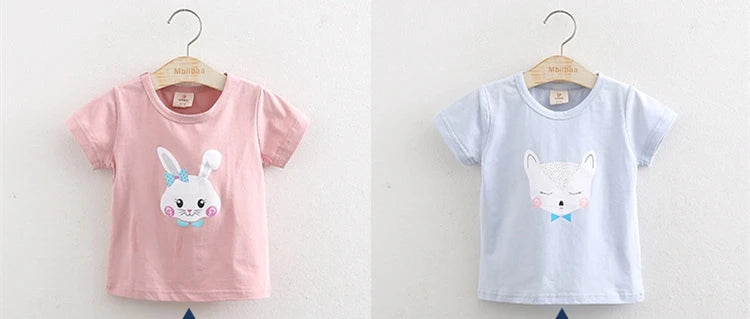 2025 Summer 2 3 4 6 8 10 Years Children Cotton Cartoon Star Bird Cat Rabbit Animal Print Short-Sleeve T-Shirt For Kids Baby Girl