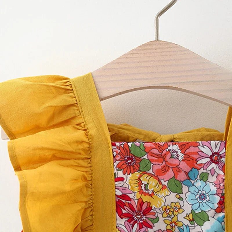 New Summer Baby Girls Dress Floral Print Full Print Sweet Princess Dress Bow Ribbon Small Flying Sleeves + Hat (0-3 Years)