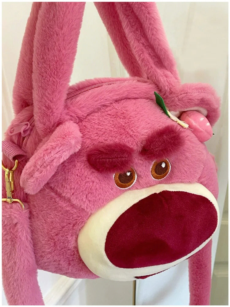 Disney Strawberry Bear New Girl Plush Shoulder Messenger Bag Cartoon Cute Girl Handbag Fashion Trend Plush Girl Bag High Quality