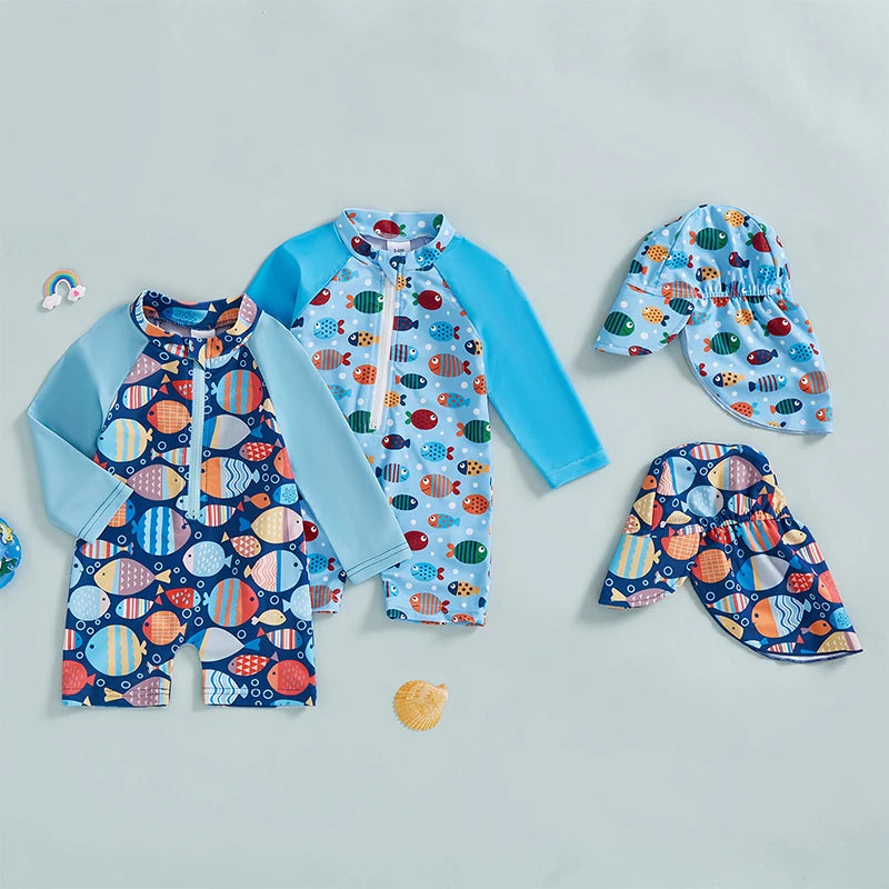 Toddler Boy UV Protection Swimsuit Set with Fish Print Long Sleeve Rash Guard Half Zipper and Sunhat for Sun Safety