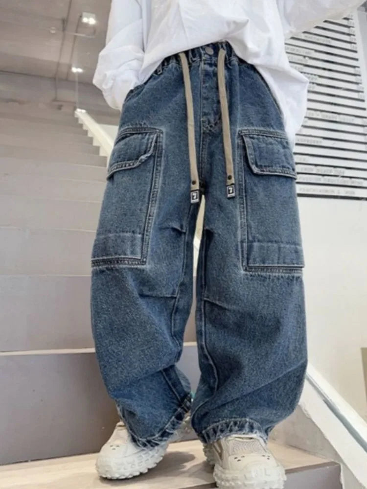 2025 New Boys Cargo Jeans Straight Wide Leg Spring Autumn Toddler Boys Big Boys Spring Fashion Jeans