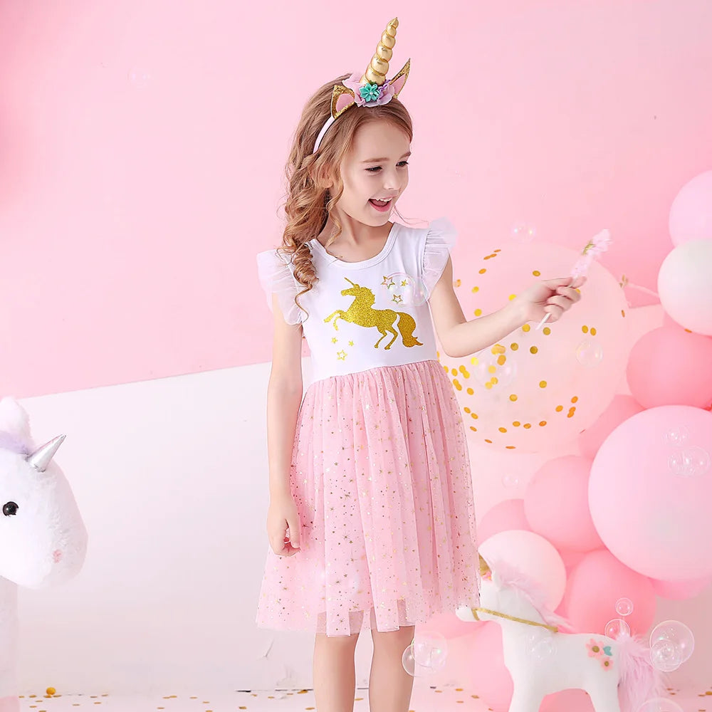 VIKITA Girls Licorne Print Dress Girls Flare Sleeve Summer Dresses Kids Birthday Party Patchwork Princess Elegant Cute Dresses