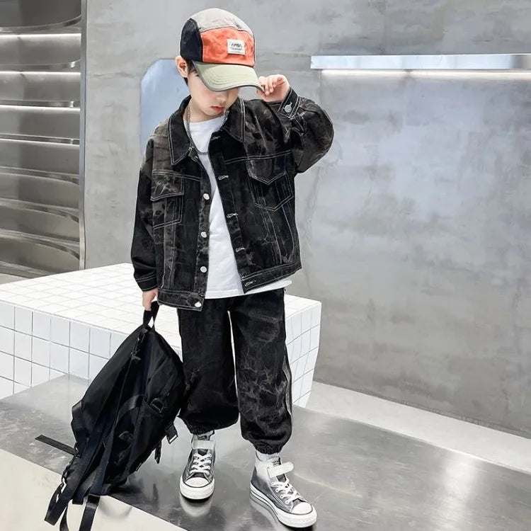 2025 New Boys' Medium & Large Size Denim 2-Piece Set Stylish Korean Trendy Spring Autumn Outfit