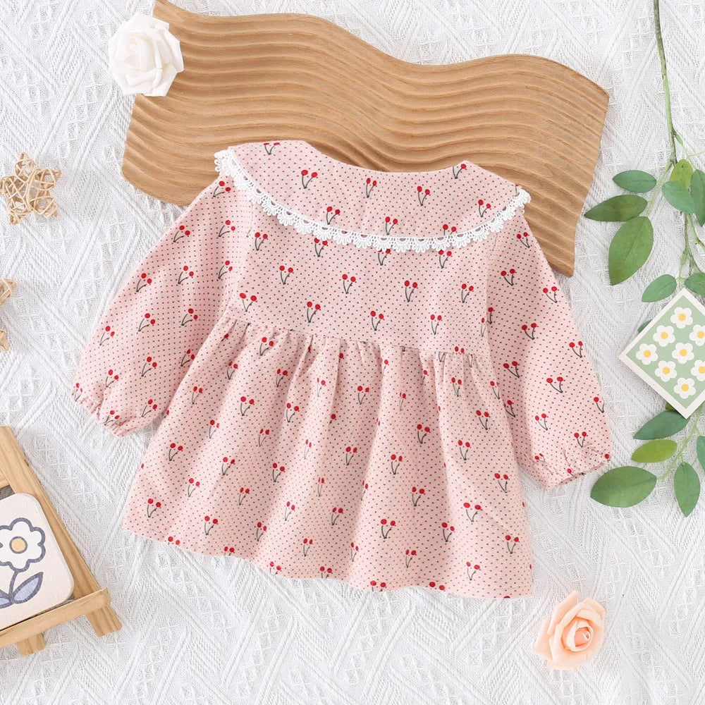 0-3 Year Old Baby Girl Dress, Spring And Autumn New Sweet Bow Cherry Long Sleeved Children'S Clothing