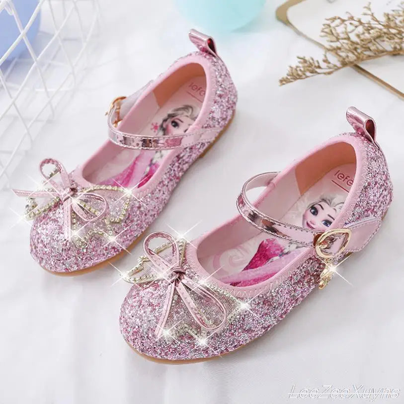 Disney Girls Princess Shoes Soft Sole Little Girl Frozen Children Crystal Casual Shoes Flat Leather Show Dance Shoes Size 22-36