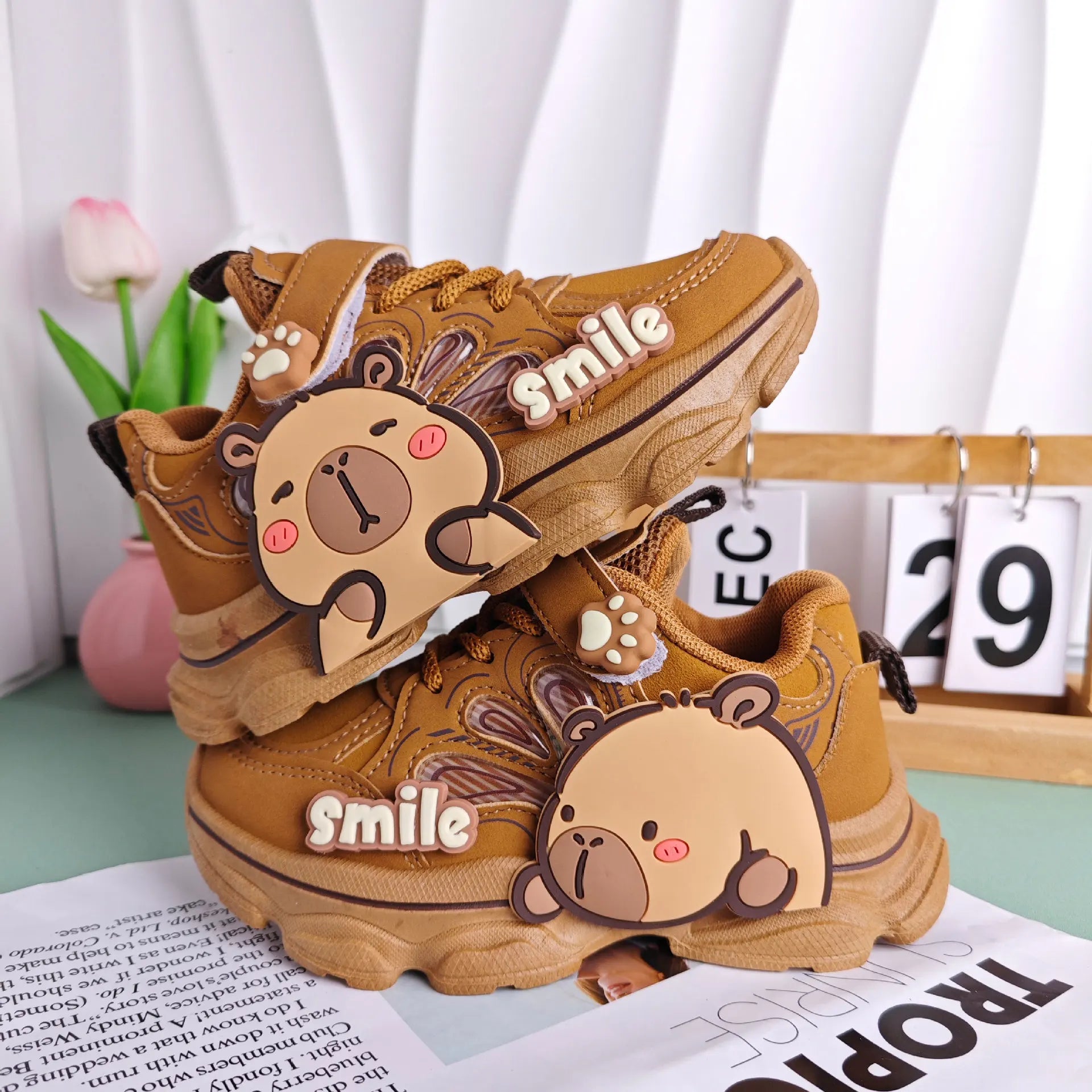 Kids'Casual Shoes Children Cartoon PU Leather Spring Fashion Outdoor Sneakers Breathable Anti-slip Purple Khaki Size 26-37