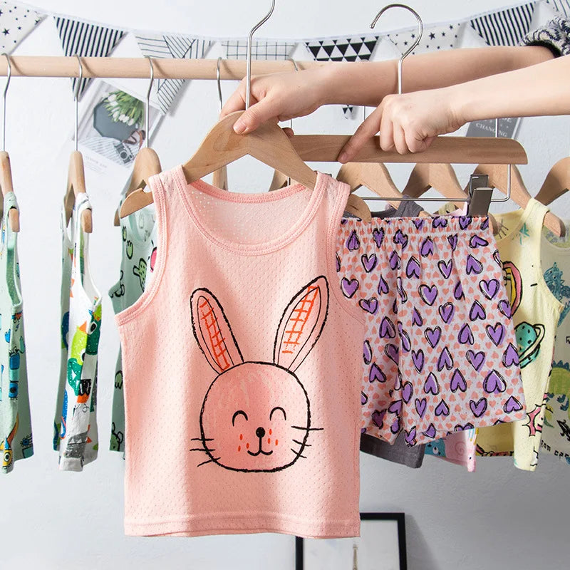 2 4 6 8 9 Year Baby Boy Pajamas Girl Sets Vest+Short Kids Sleepwear Suit Cotton Hollow Pink Car Rainbow Children Pyjamas Toddler