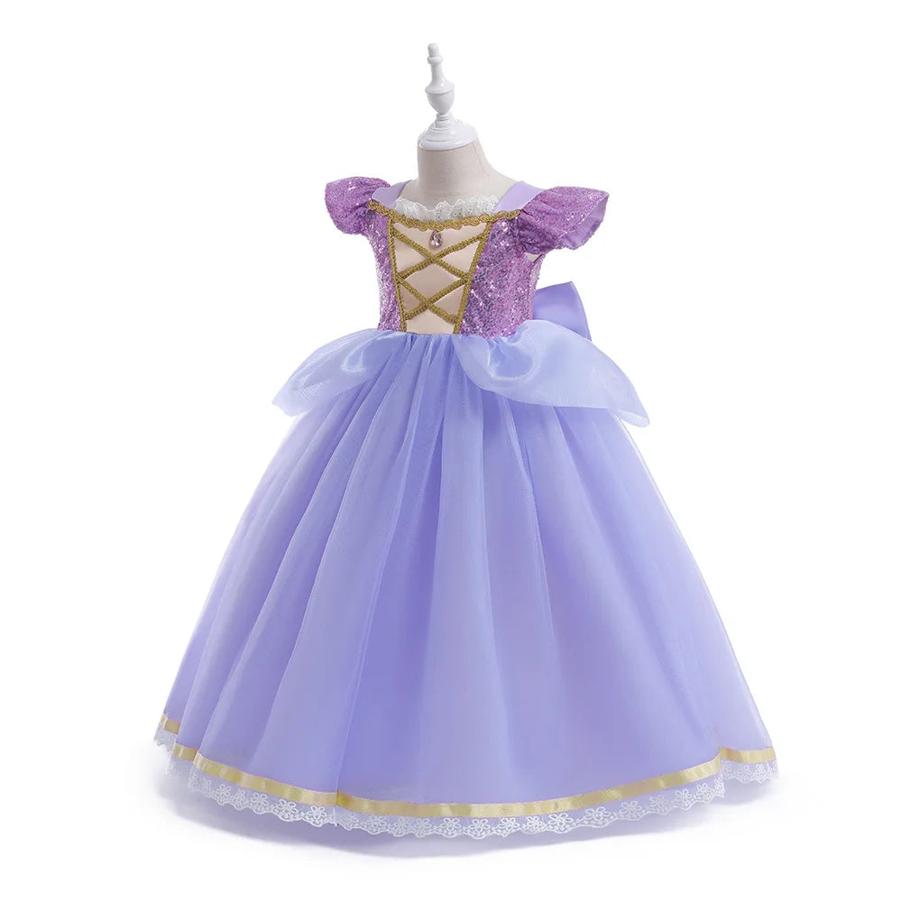 European and American Style Girl Princess Dress Rapunzel Apparel Ball Gown with Bow at Back Children Halloween Tangled Role Play