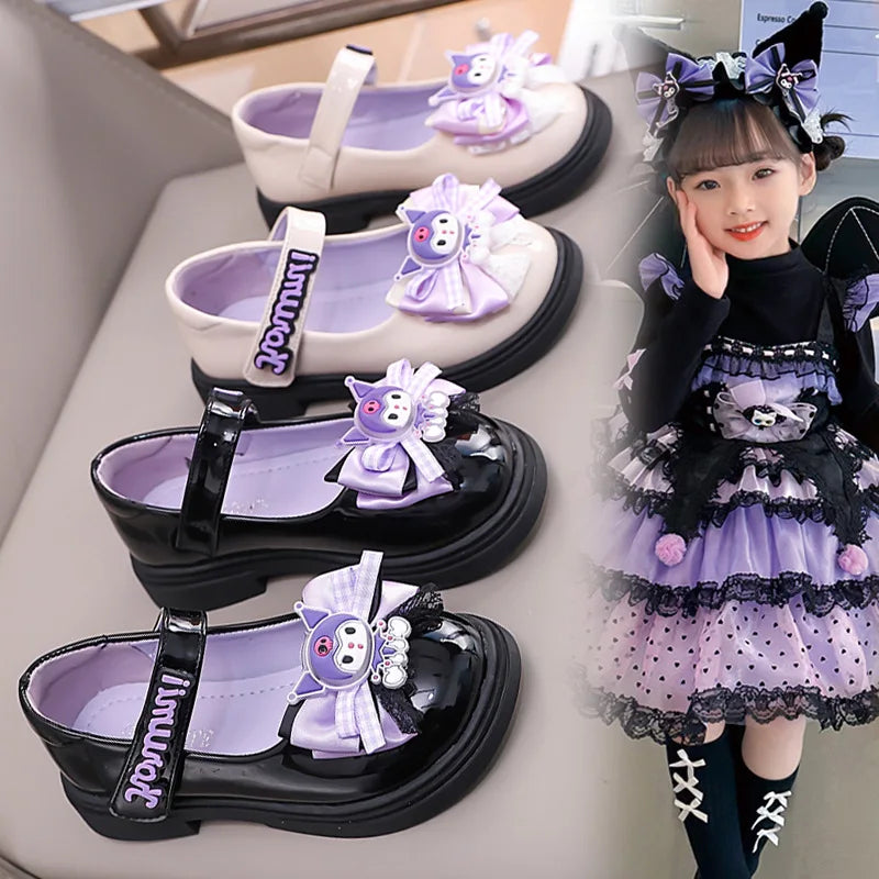 Kids'Sandals Kuromi PU Leather Bow Flat Spring Shoes For Girls Anti-slip Soft Thick Bottom White Black Shoes Size 26-36