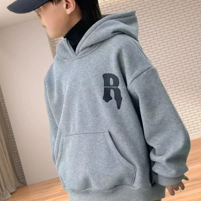 2025 New Boys' Mid-Large Maillard Fleece-Lined Hooded Hoodie - Stylish Autumn Winter Spring Kids' Top