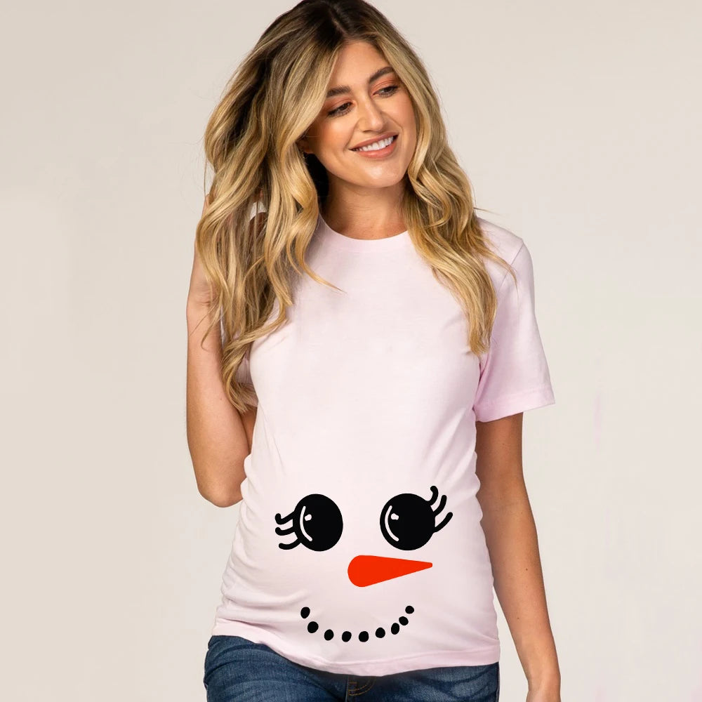 Christmas Pregnant Women T-shirt Snowman Cartoon Printed T Shirt Pregnancy Announcement Clothes Maternity White Short Sleeve Top