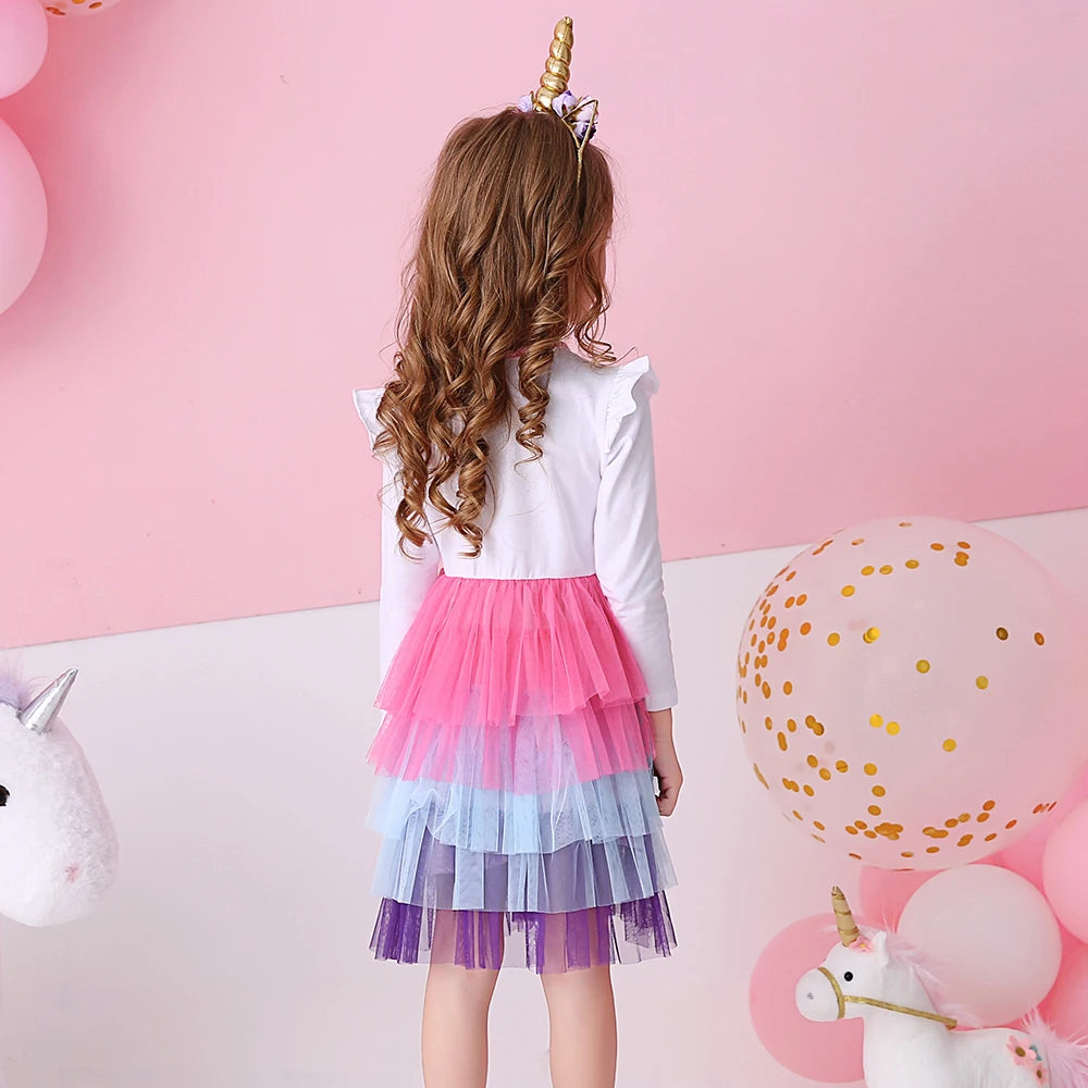Girls Unicorn Print Long Sleeve Autumn Spring Dress with Tiered Tulle Mesh Tutu Skirt Kids Gradient Glittery Princess Frocks