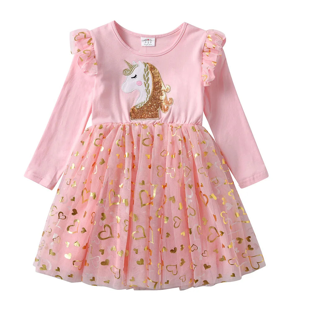 VIKITA Girls Princess Dress Unicorn Sequins Long Sleeve Autumn Dress Kids Birthday Party Wedding Tulle Dresses Children Clothing