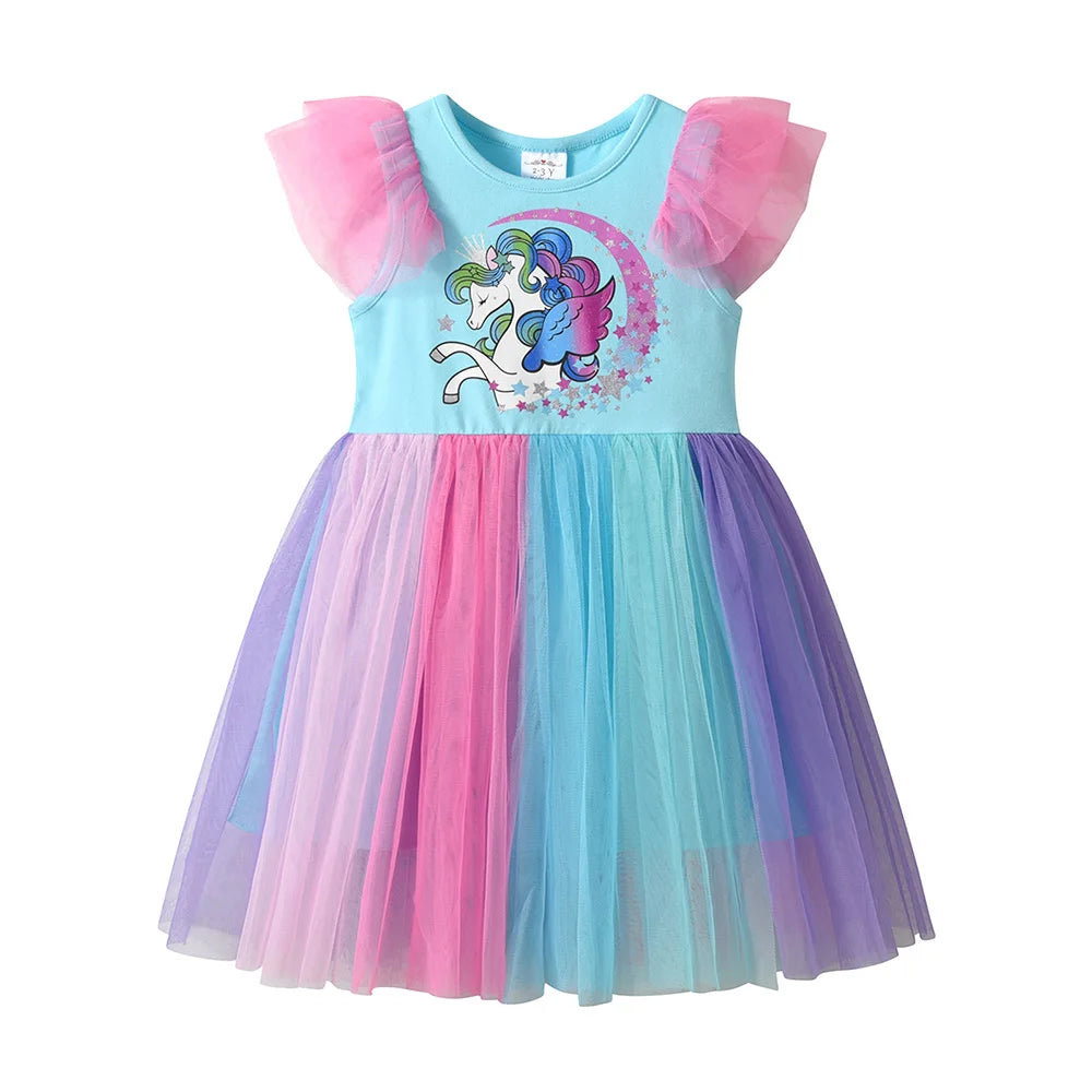 VIKITA Girls Licorne Star Print Dress Kids Summer Flare Sleeve Blue Dresses Kids Birthday Party Fashion Princess Elegant Dresses