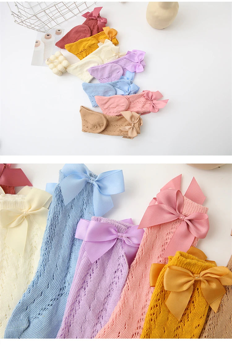1 Pairs Summer Bow Baby Girls Socks Toddler Long Sock Infant Knee High Cotton Mesh Spanish Style Breathable Socks For 0-8Years