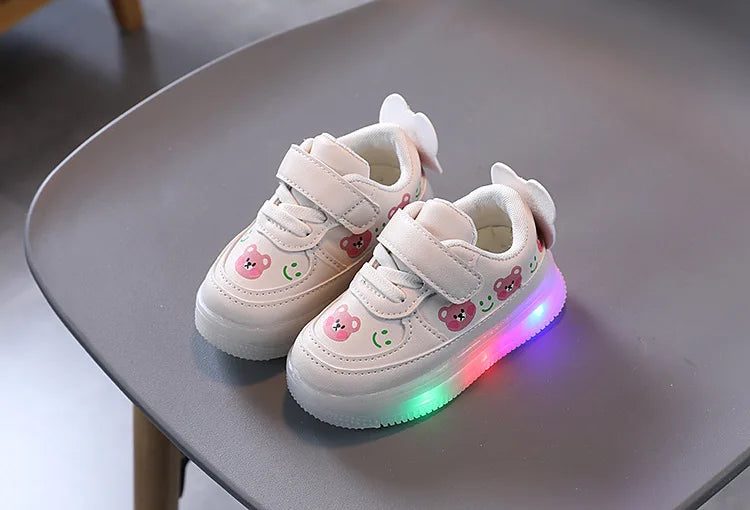 Disney LED Casual Sneakers For Spring Outdoor Cartoon Shoes Children Lighted Non-slip PU Leather Bear White Shoes Size 21-30