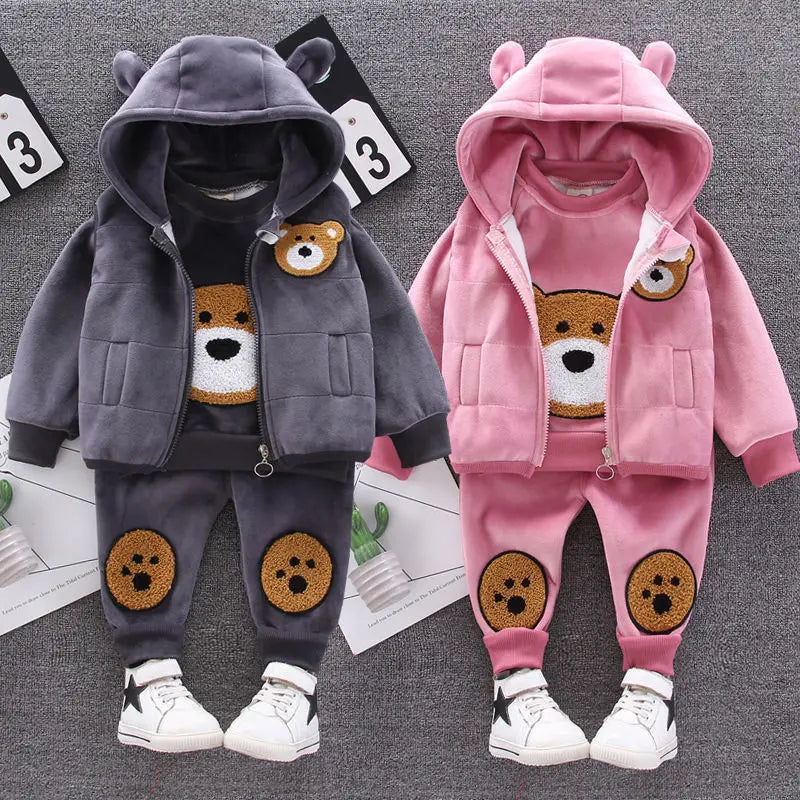 New Winter Baby Girls Clothes Suit Children Boys Thicken Warm Hooded Vest T-Shirt Pants 3Pcs/Set Toddler Costume Kids Tracksuits