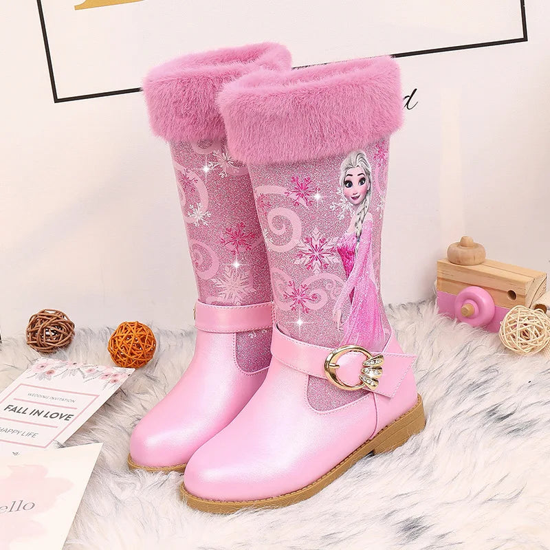 Disney Girls' Leather Boots Winter Cartoon Frozen Boots Zipper High Plush Princess Elsa Boots Warm Children's Boots Size 25-36
