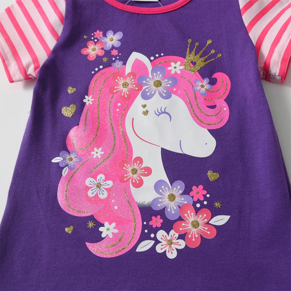 VIKITA Girls O Neck Short Sleeve Summer T Shirts Kids Unicorn Print Cartoon Tops and Tees Girls Cotton Casual Daily Clothes