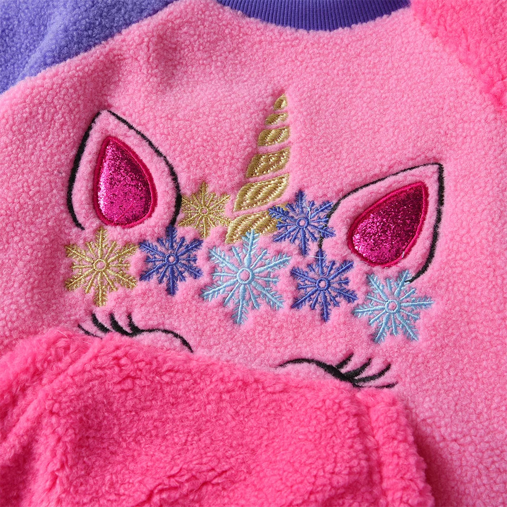 VIKITA Girls Fleece Sweatshirts Kids Autumn Winter Unicorn Appliqued Long Sleeve Sports Casual Outwear Children's Tops Pullover