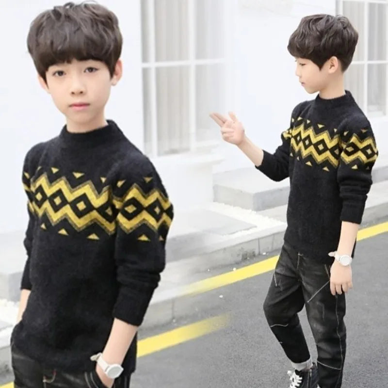 Heavyweight Mink Velvet Boys' Pullover Sweater Autumn Winter Base Layer Thickened Knit Sweater for Kids Ages 3-14 Toddler Youth