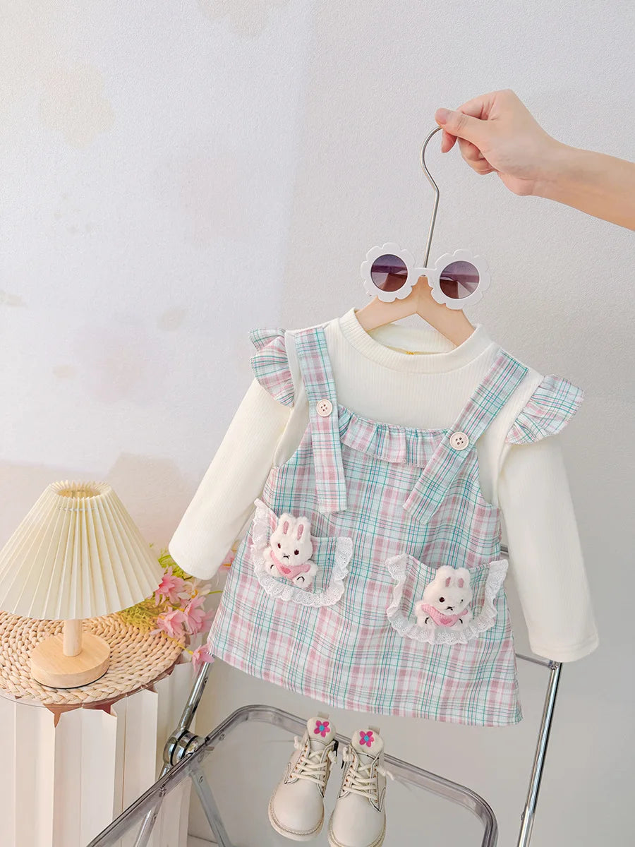 Small Plaid Baby Girl Dress, Spring And Autumn New Cartoon Rabbit Children'S Long Sleeved Clothes (9 Months -3 Years Old)