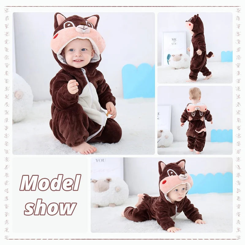 MICHLEY Halloween Costume Infant Baby Clothes Rompers Winter Flannel Hooded Bodysuits Pajamas Animals Overall Jumpsuit For Bebe