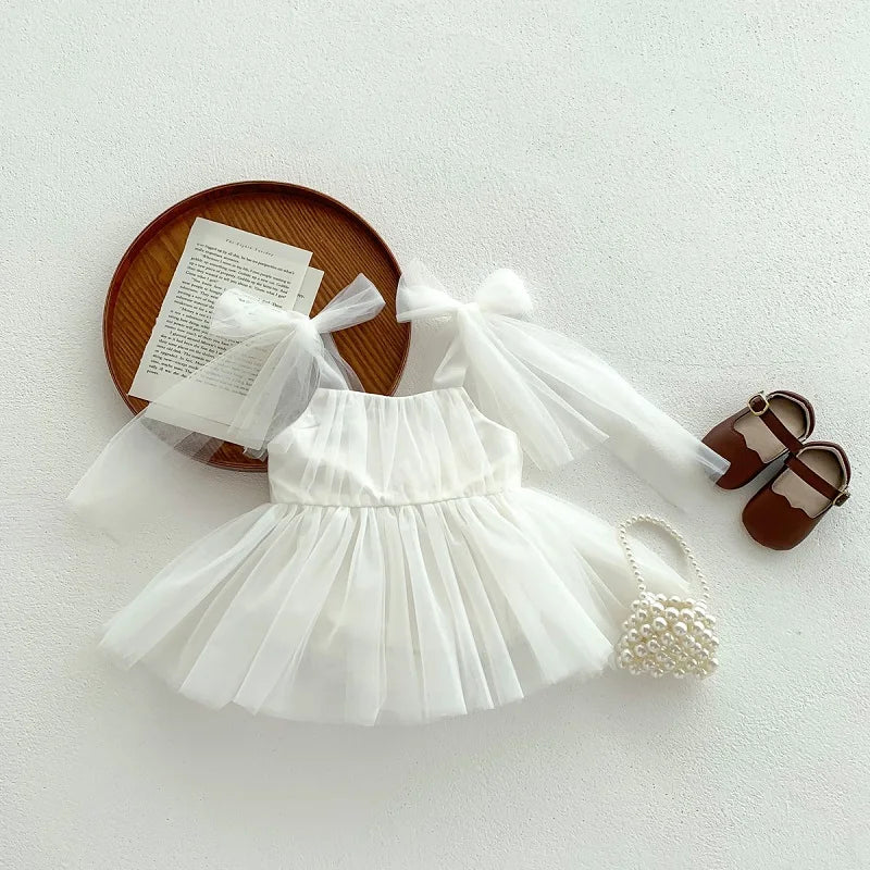 2025 Summer Baby Clothes 100 Day Baptism Birthday Party Sleeveless jumpsuit Mesh Bow Romper Girl Princess Dress