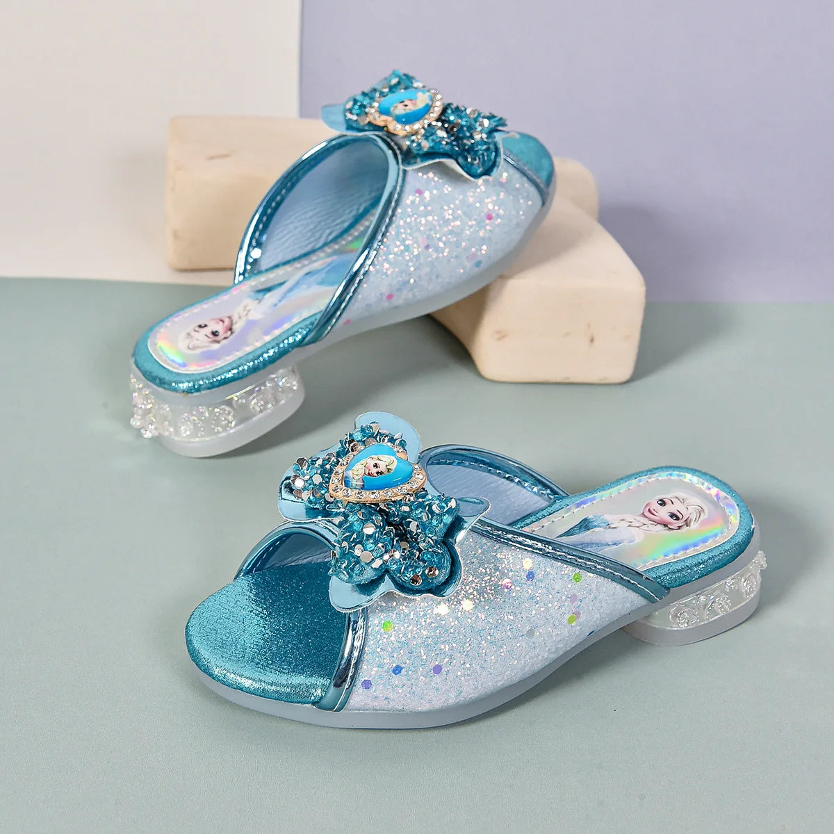 Disney Kids Princess Shoes Frozen Elsa Bowknot Low Heel Slippers Casual Baby Girls Party Wedding Leather Blue Shoes Size 27-36