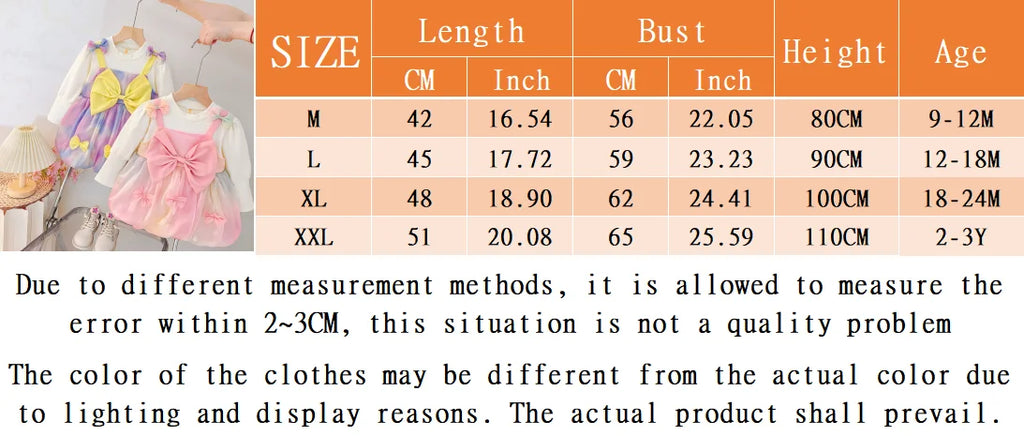 Spring And Autumn New Sweet Bow Baby Girl Dress, Colorful Gradient Skirt, Children'S Long Sleeve Clothes (9 Months -3 Years Old)