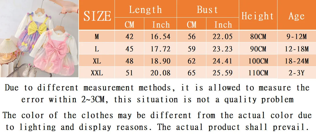 Spring And Autumn New Sweet Bow Baby Girl Dress, Colorful Gradient Skirt, Children'S Long Sleeve Clothes (9 Months -3 Years Old)