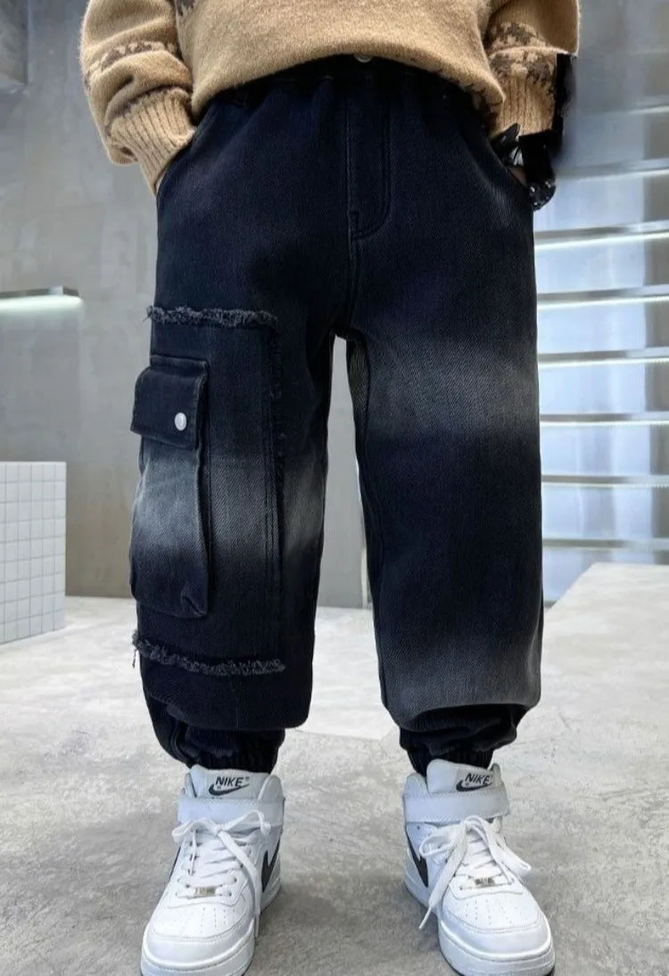 2025 Boys' Cargo Pants All-Season Washed Tie-Dye Denim Long Pants Trendy Casual Style