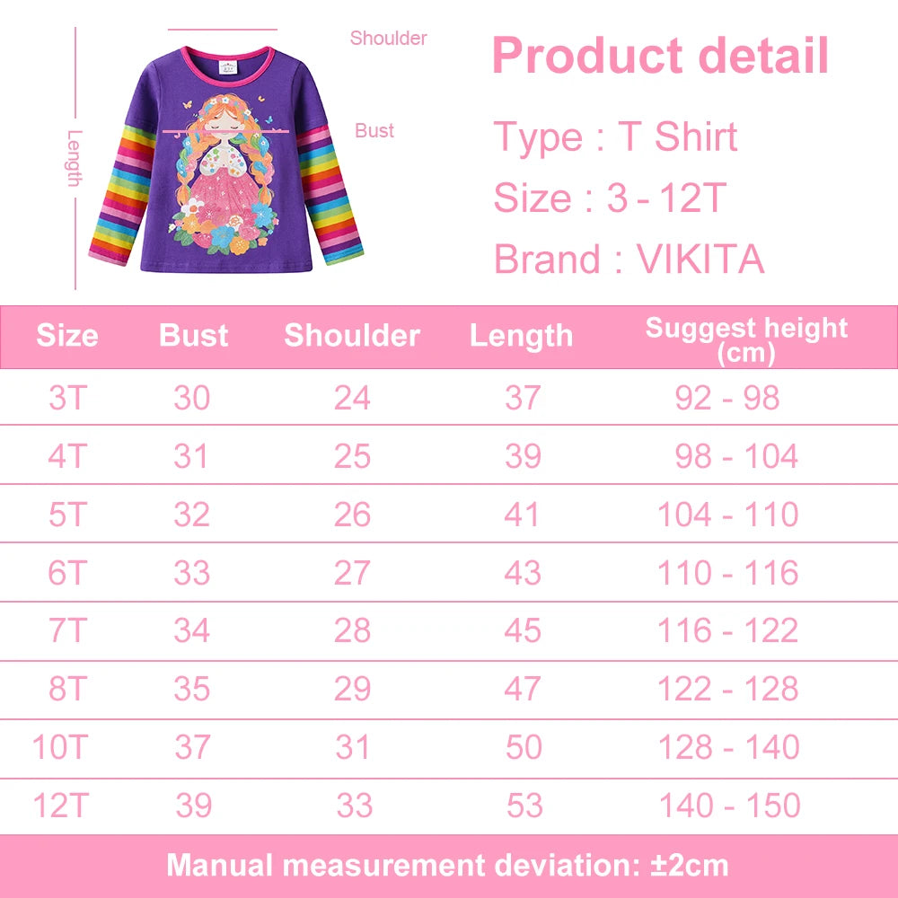 VIKITA Girls Flower Doll Print T Shirt Kids Purple Long Sleeve Rainbow Striped Cotton Casual Tops and Tees Kids Daily Costumes