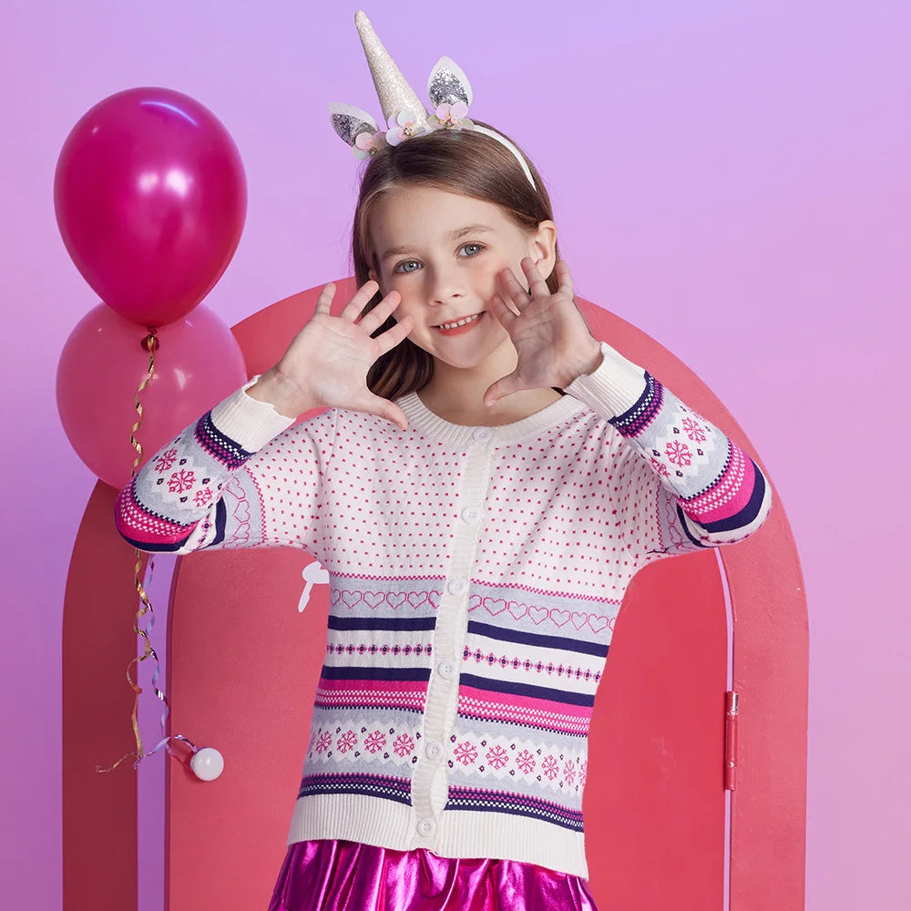 VIKITA Teenagers Cardigans Girls Snowflakes Heart Shape Striped Casual Fashion Cute Sweaters Kids Coat Outer Wear Tops Costumes