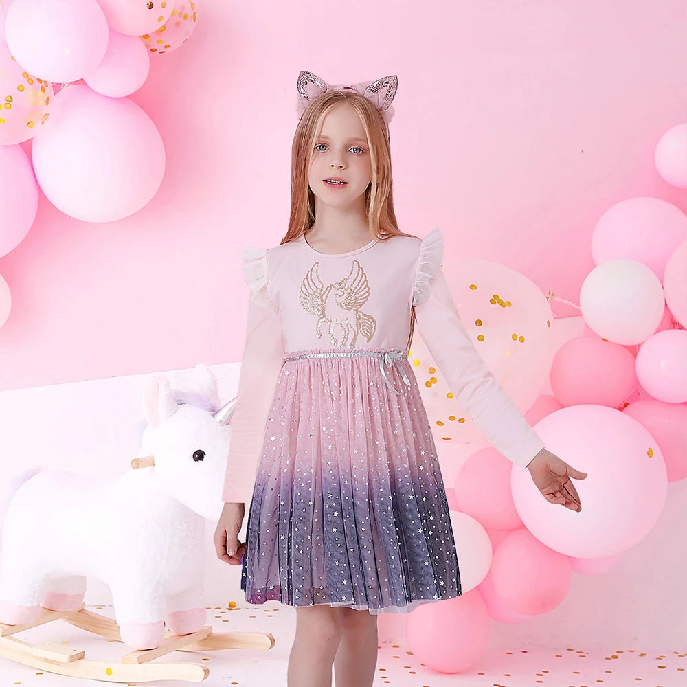VIKITA Girl Autumn Winter Dress Kids Gradient Long Sleeve Princess Mesh Tulle Dress Kids Unicorn Rabbit Cartoon Elegant Dresses