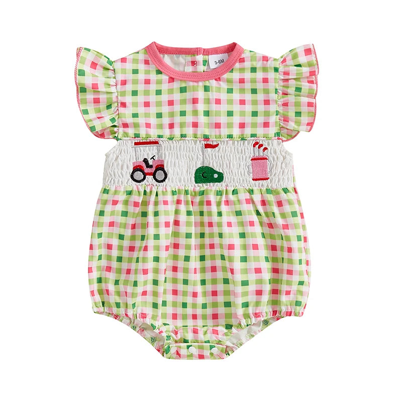 Adorable Infant Romper with Embroidered Floral Design Round Neckline and Flutter Sleeves - Ideal for Warm Weather Seasons
