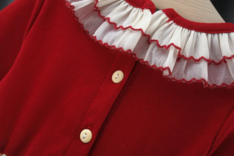 Spring And Autumn New Cherry Chiffon Baby Girl Princess Dress, Red Long Sleeve Christmas Party Children'S Clothes（0-3 Years Old）