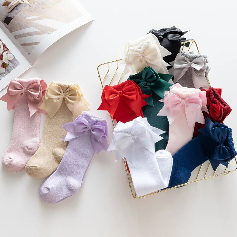 1 Pair Spanish Style Girls Socks Solid Color Big Bow 100% Cotton Baby Children Toddlers Long Socks Princess Knee High Socks