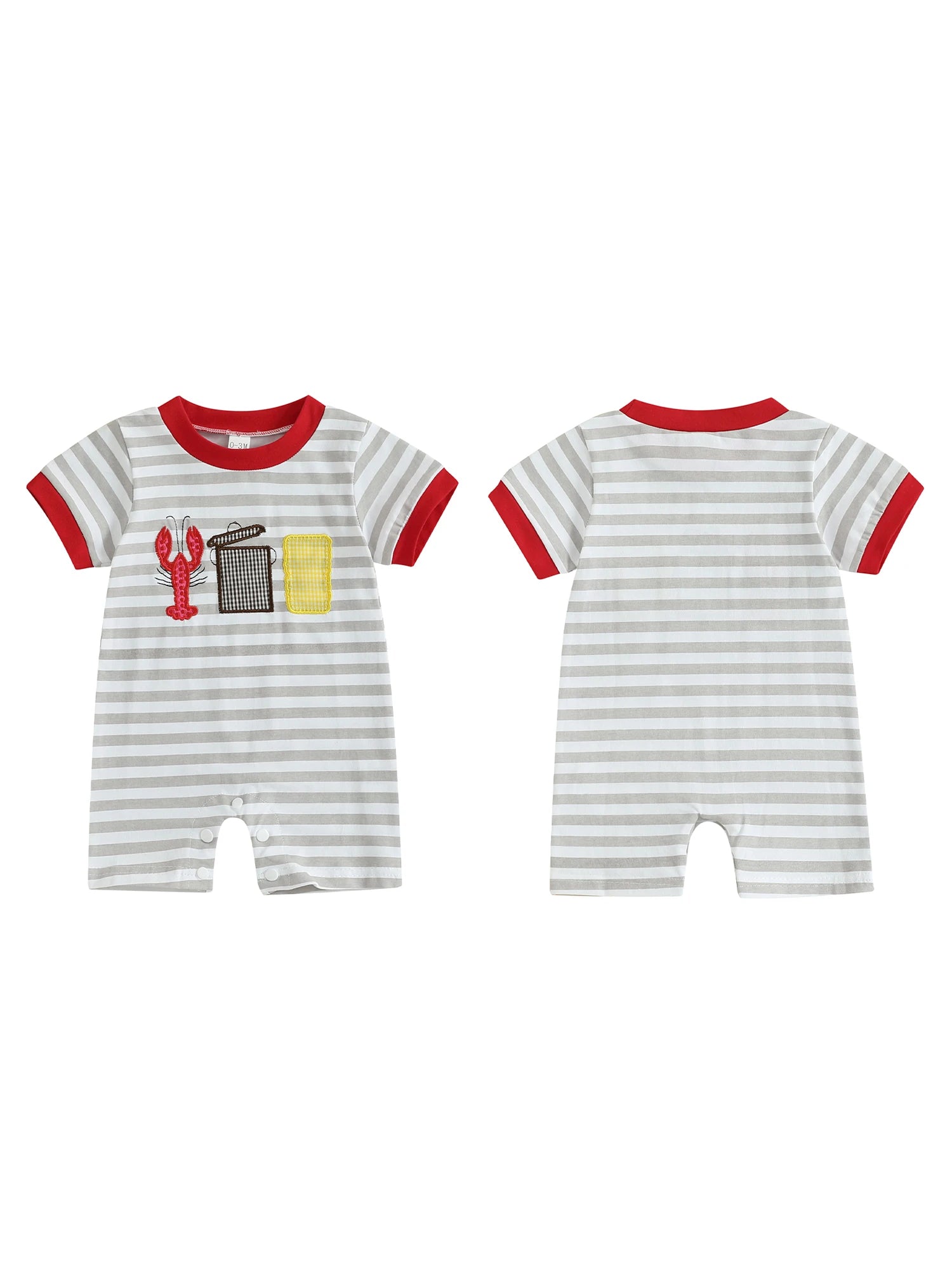 Toddler Boy Casual Striped Romper with Short Sleeves and Cute Lobster Embroidery Round Neck Summer Jumpsuit for Baby Boys