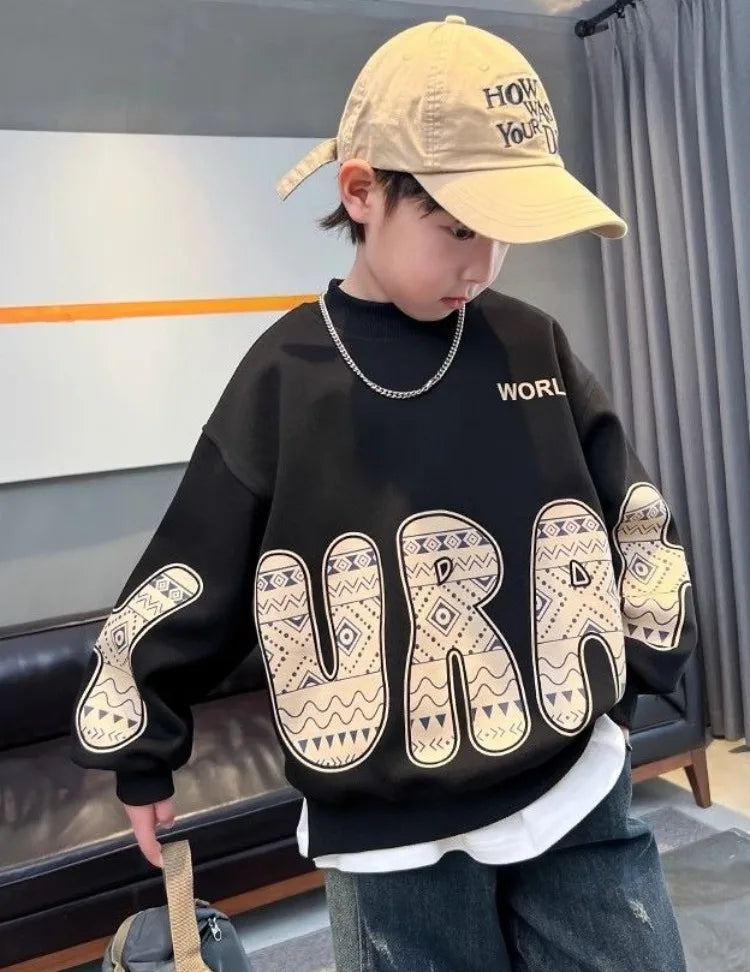 Boys' Medium-Large 2025 New Spring/Autumn Trendy No Hood Layering Top Sweatshirt