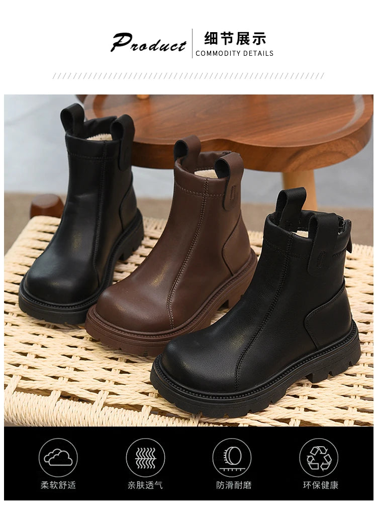 Girls' short boots, genuine leather, children's cotton boots, soft soled leather boots, children's shoes, 2025 autumn and winter