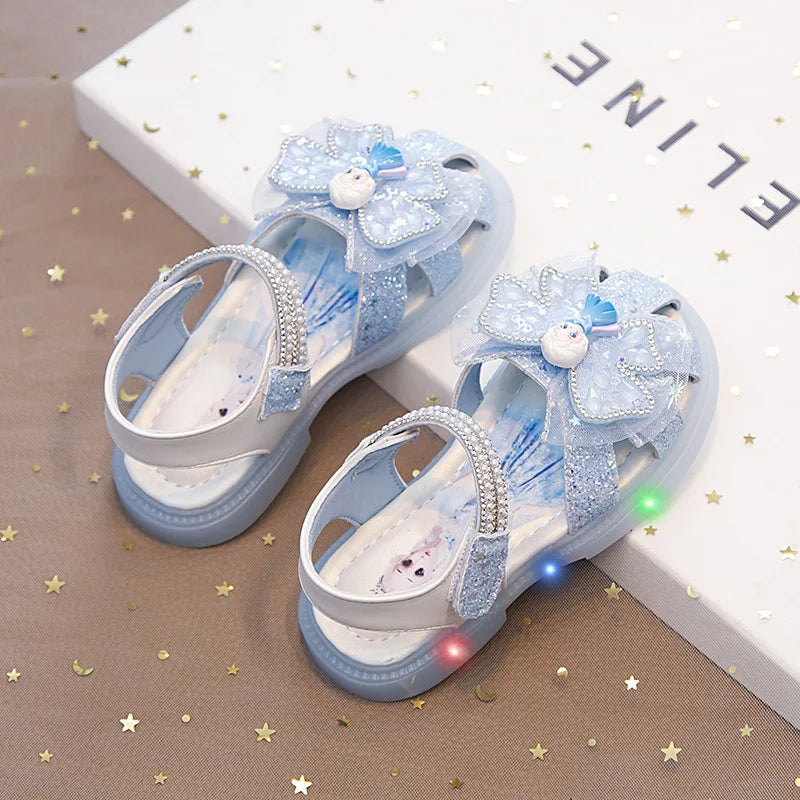 Kids'Sandalsl Led Light Elsa Princess Frozen PU Leather Sequin Pearl Summer Shoes Anti-slip Breathable Pink Blue Size 22-32
