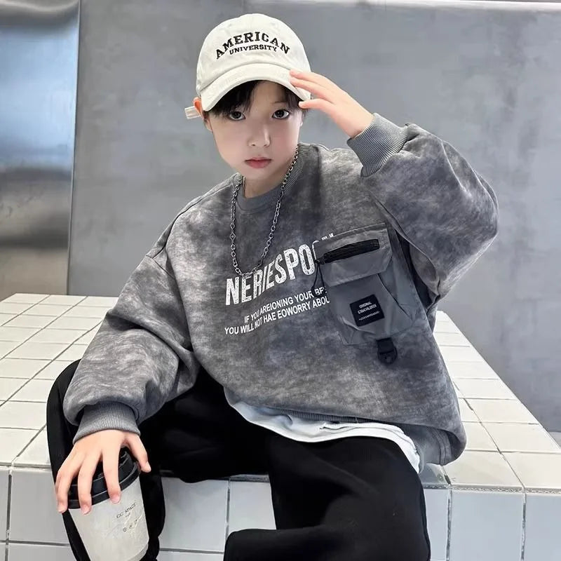 Boys' Middle/Big Kids 2025 New Spring/Autumn Long Sleeve Korean Style Edgy Loose Fit Sweatshirt Tops