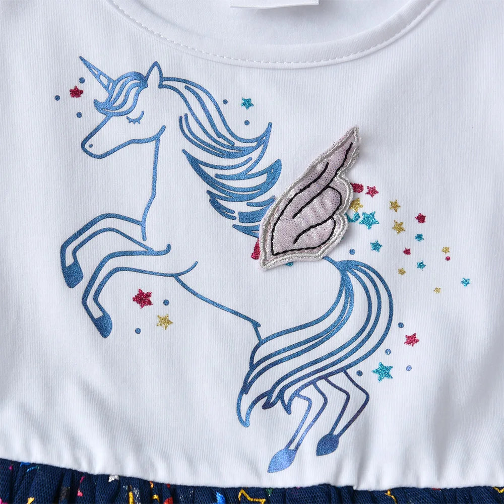 VIKITA Girls Sleeveless Summer Navy Blue Dress Toddlers Patchwork Fashion Cute Licorne Star Shiny Mesh Vacation Dresses 7-12 Yrs