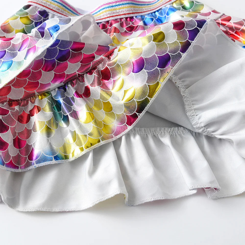 VIKITA Kids Mermaid Print Skirt Girls Beach Casual Party Skirts Kids Colorful Sequins Ruffles Skirt Fashion Princess Mini Skirts