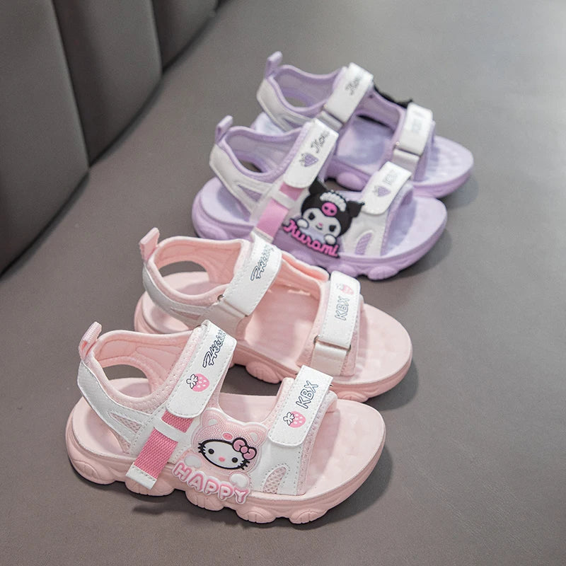Summer Bestsellers Sanrio Kuromi's New Cute Color-blocked Flat Mesh Breathable and Anti-slip Cartoon Flip-flops for Girls
