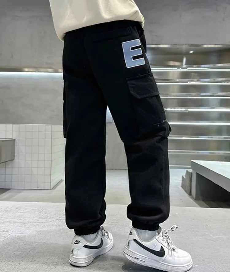 Boys Cargo Pants Spring Autumn Fleece-Lined Kids Casual Loose Long Pants Stylish Warmth Outdoor Playwear