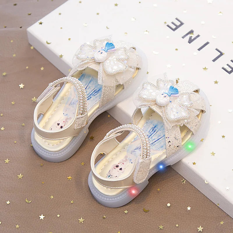 Kids'Sandalsl Led Light Elsa Princess Frozen PU Leather Sequin Pearl Summer Shoes Anti-slip Breathable Pink Blue Size 22-32
